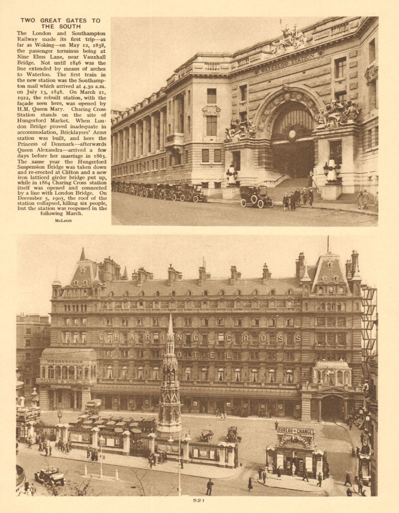 Waterloo Station entrance. Charing Cross station & hotel 1926 old print